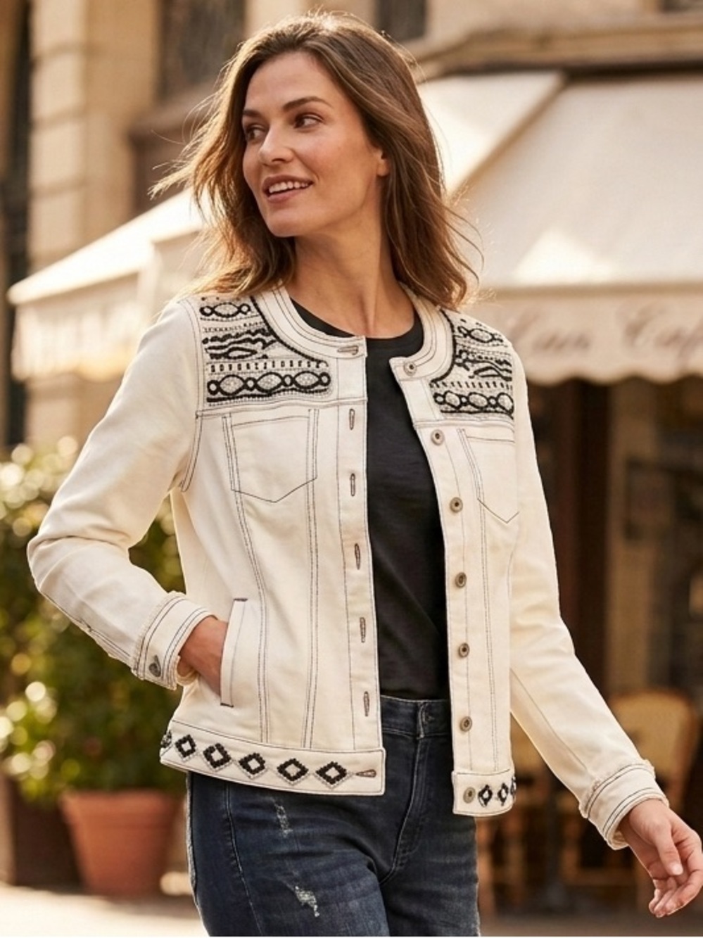 INC International Concepts White Collarless Embellished Beaded Denim Jacket Larg